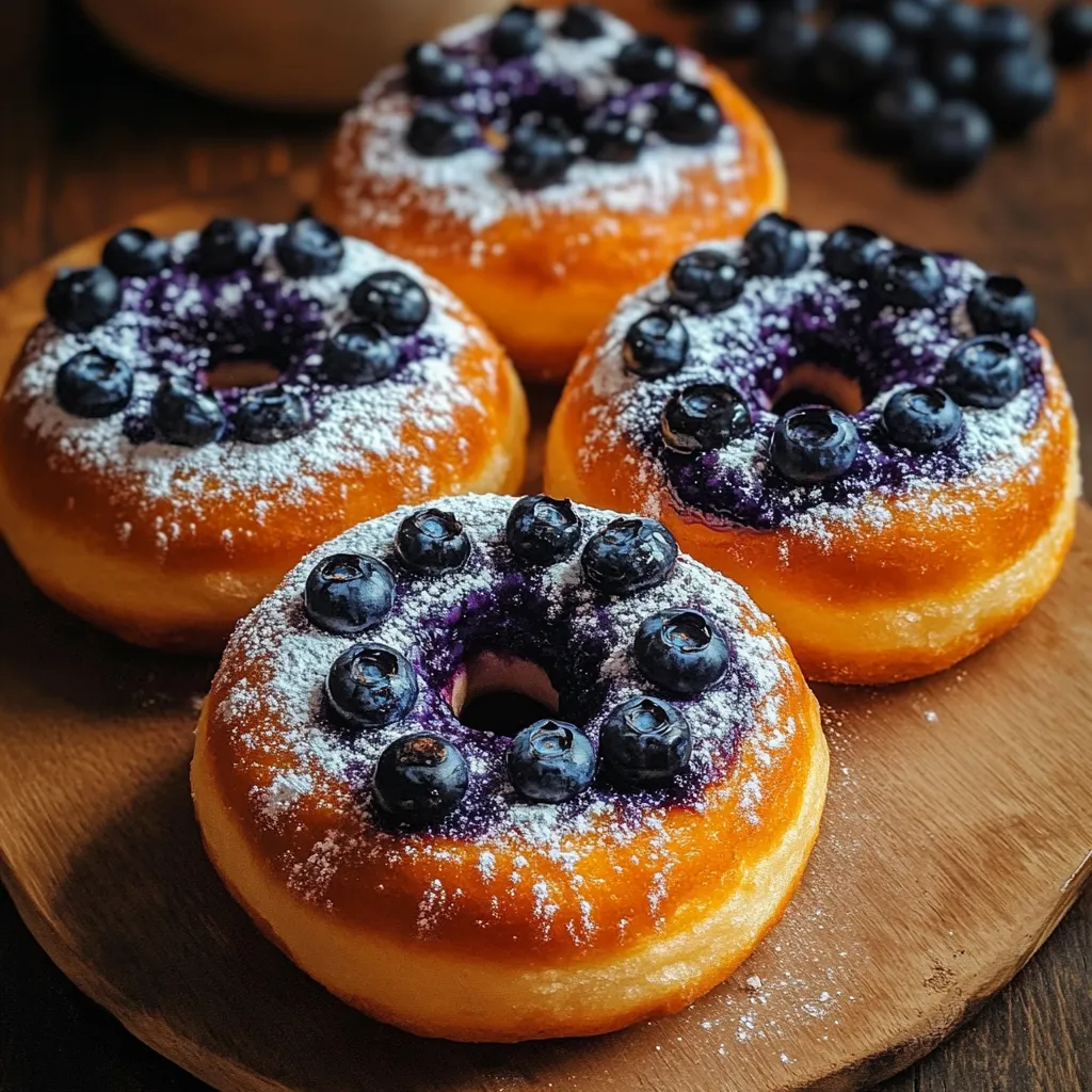 Three donuts with blueberries on top.