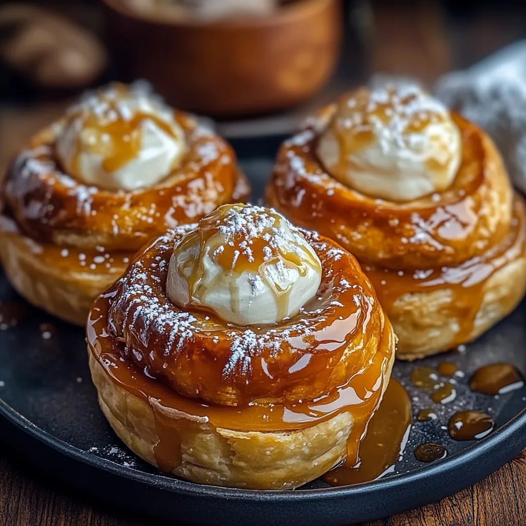 Three pastries with white icing and drizzled with caramel.