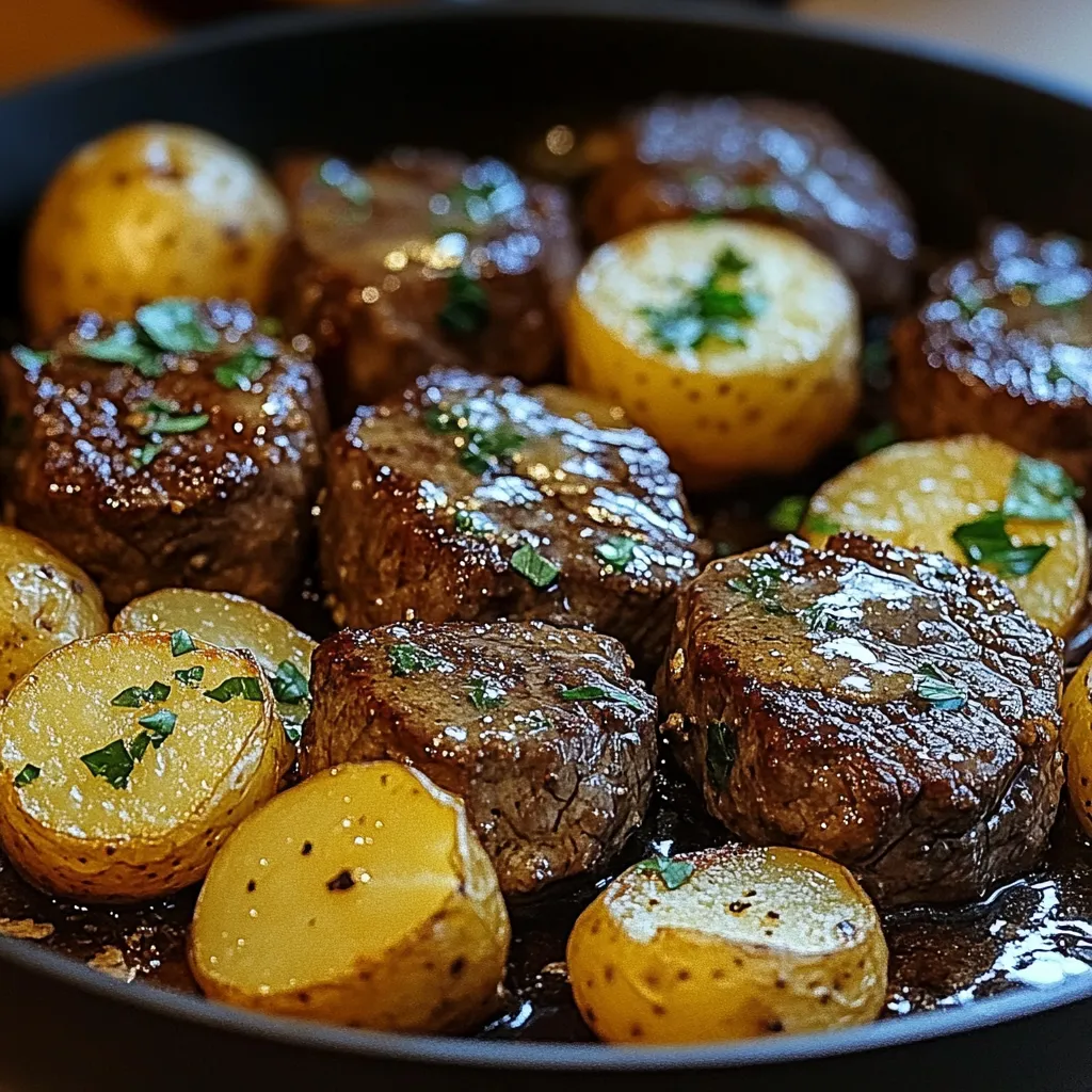 A black bowl of meat and potatoes.