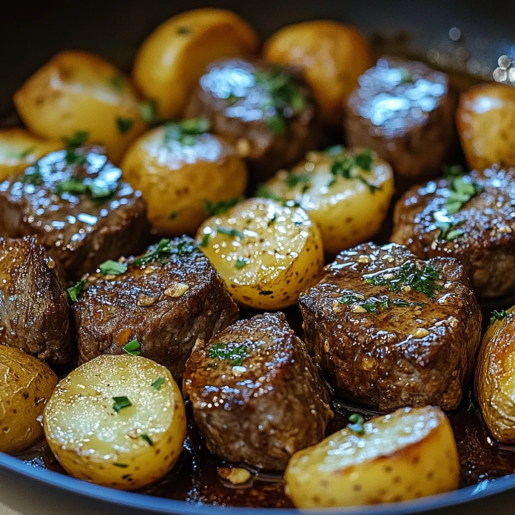 A pan of meat and potatoes.