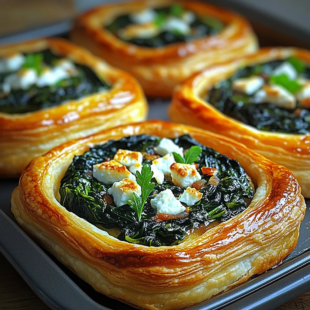 A tray of four pastries with spinach and cheese.