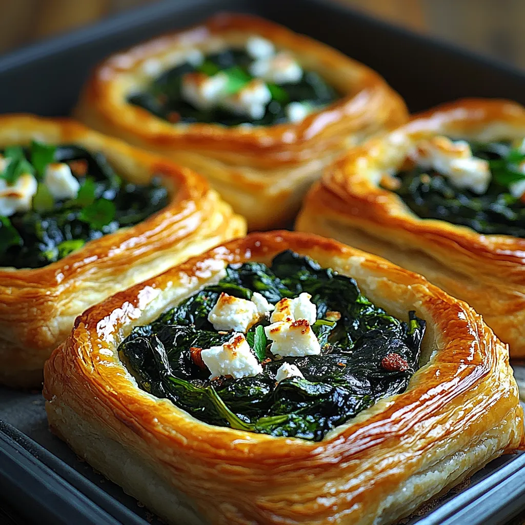 A tray of four pastries with spinach and cheese.