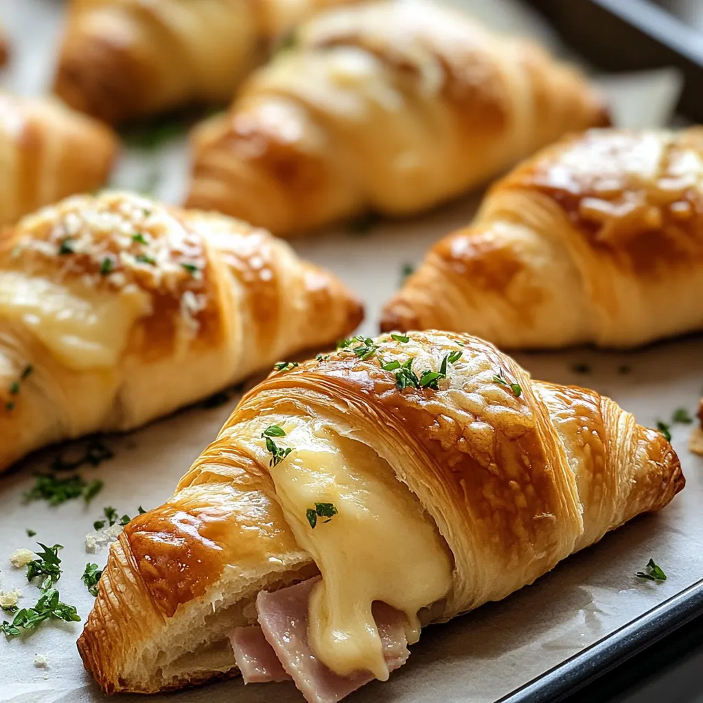 A tray of croissants with cheese and ham.