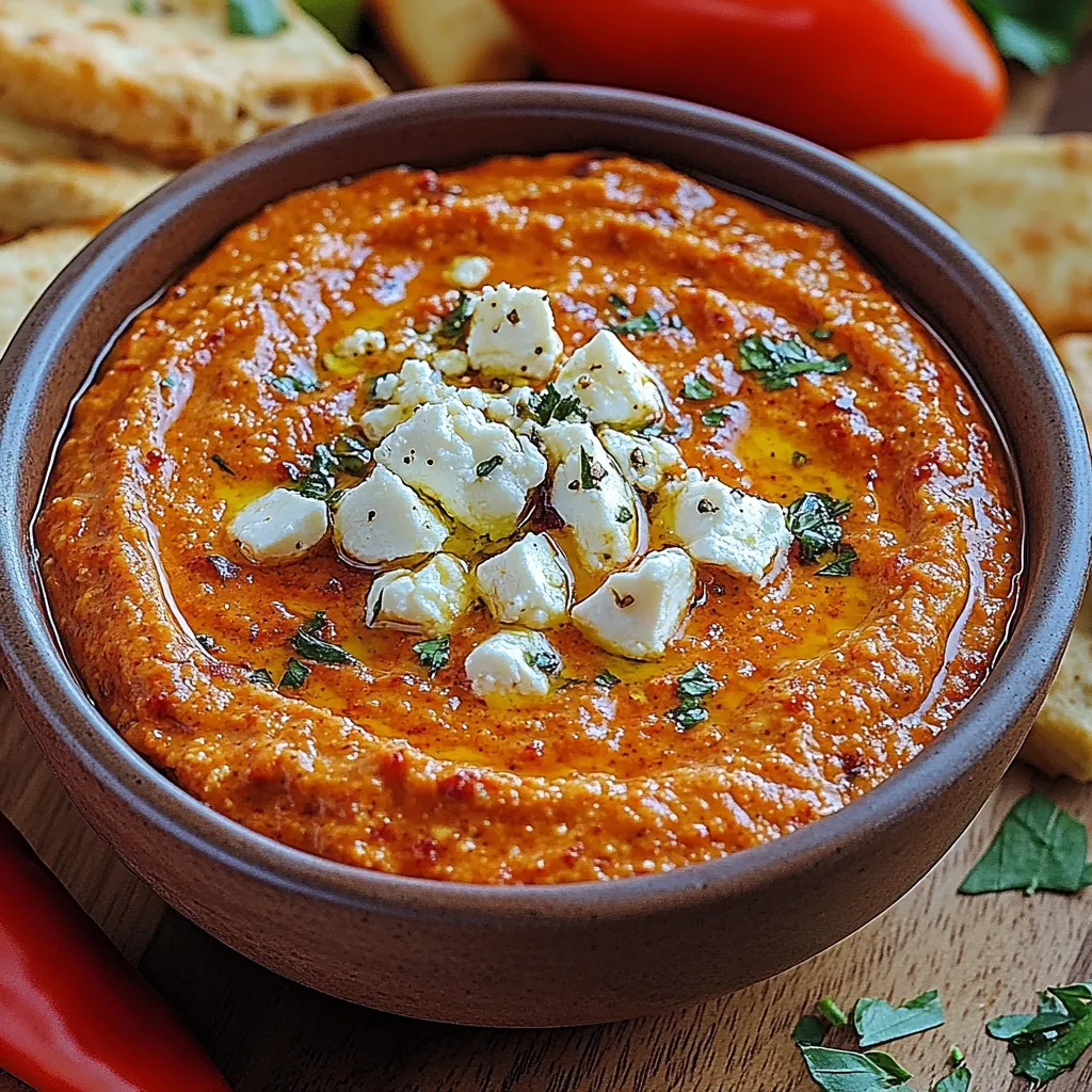 A bowl of red dip with white cheese on top.