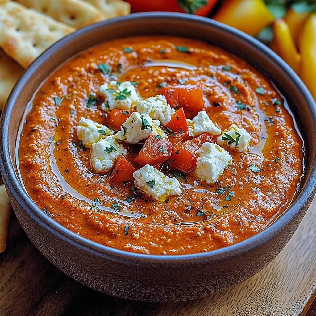 A bowl of red soup with feta cheese and tomatoes.