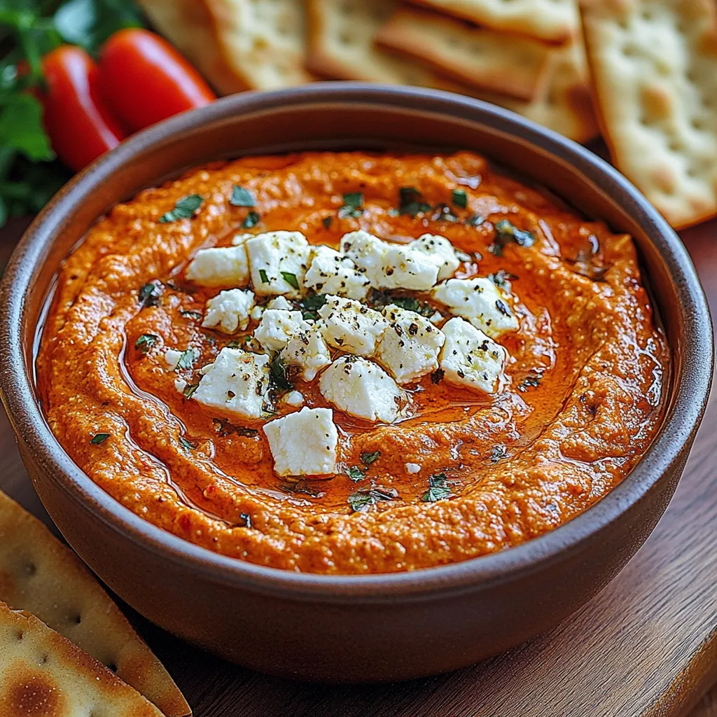 A bowl of red dip with white cheese on top.