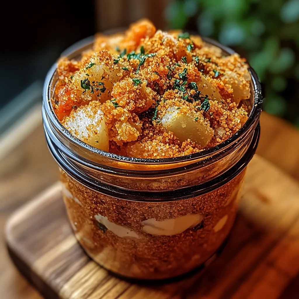 A jar of food with a green topping.