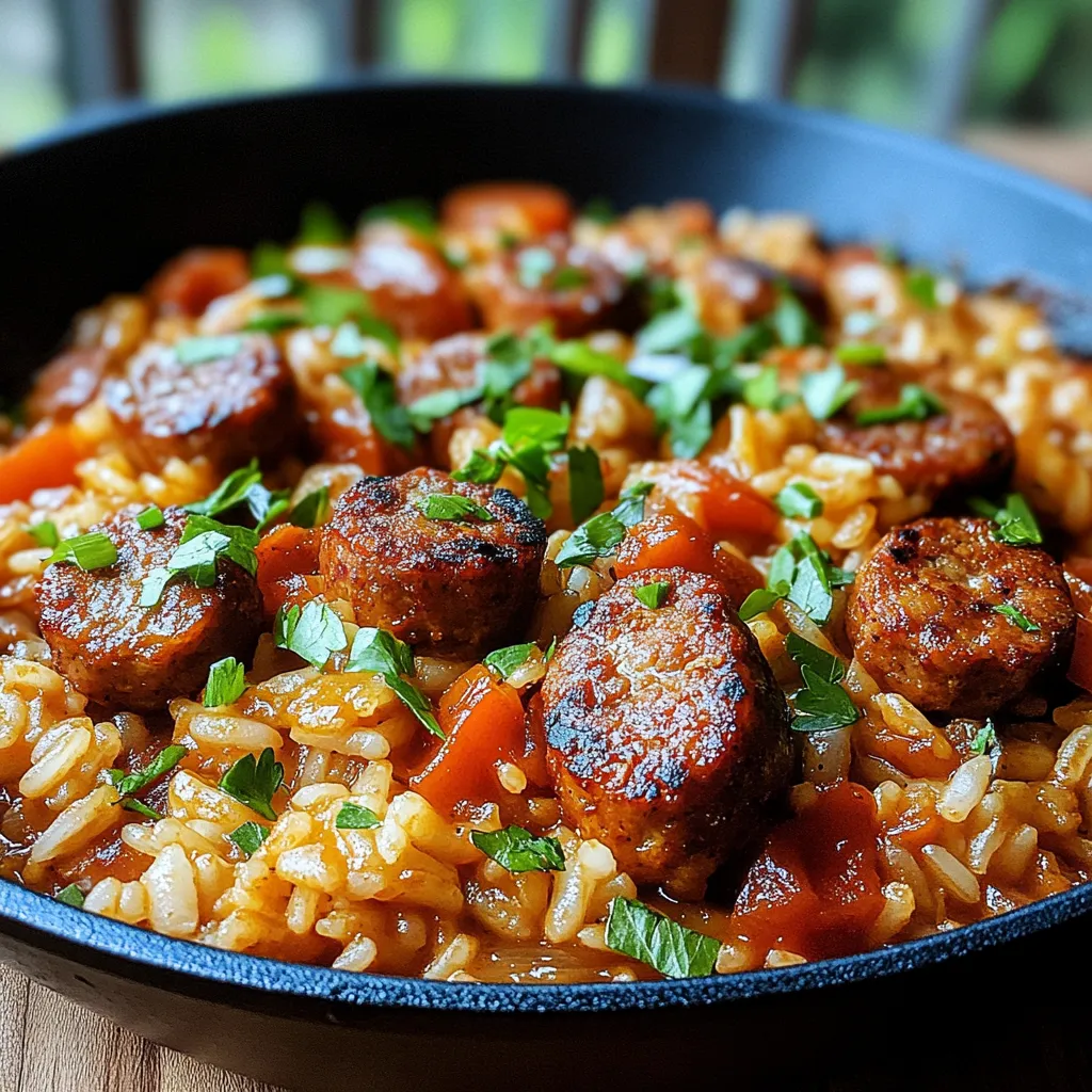 A black skillet with rice and sausage.