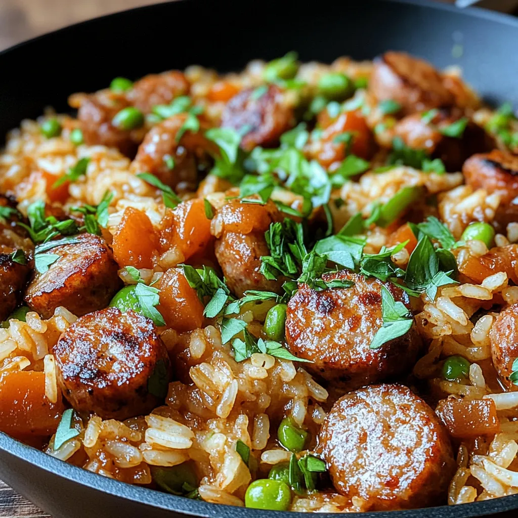 A bowl of rice with sausage and peas.