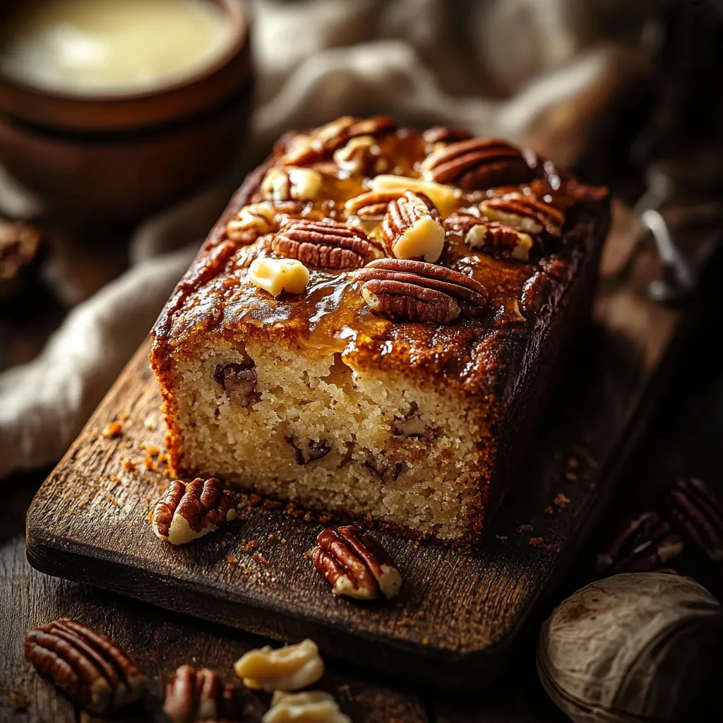 A slice of pecan nut bread on a wooden cutting board.