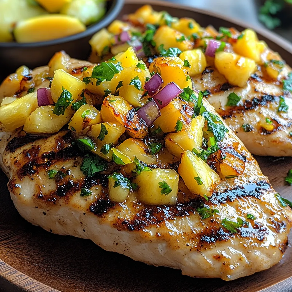 A piece of chicken with pineapple on top.