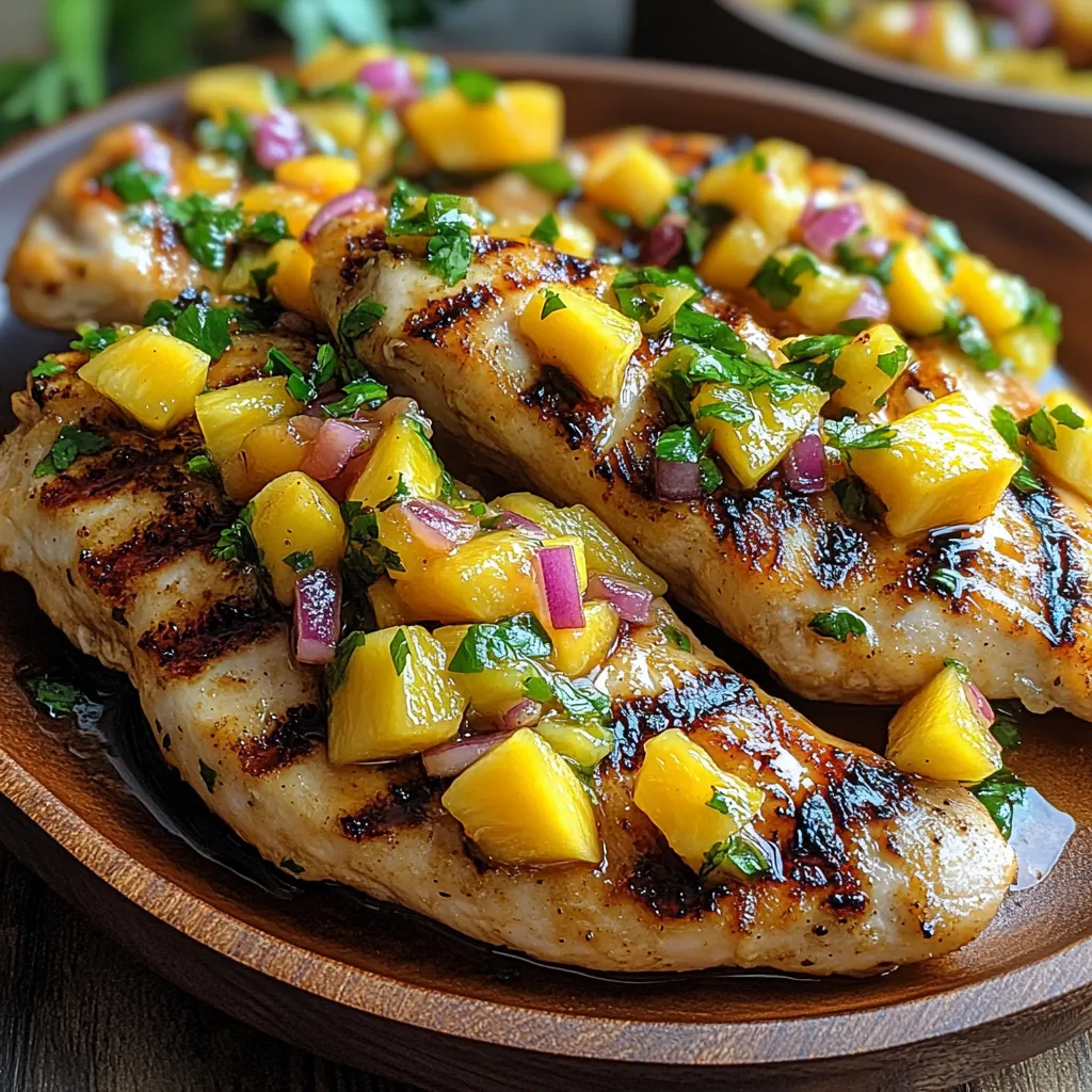 A plate of grilled chicken with pineapple and onions.