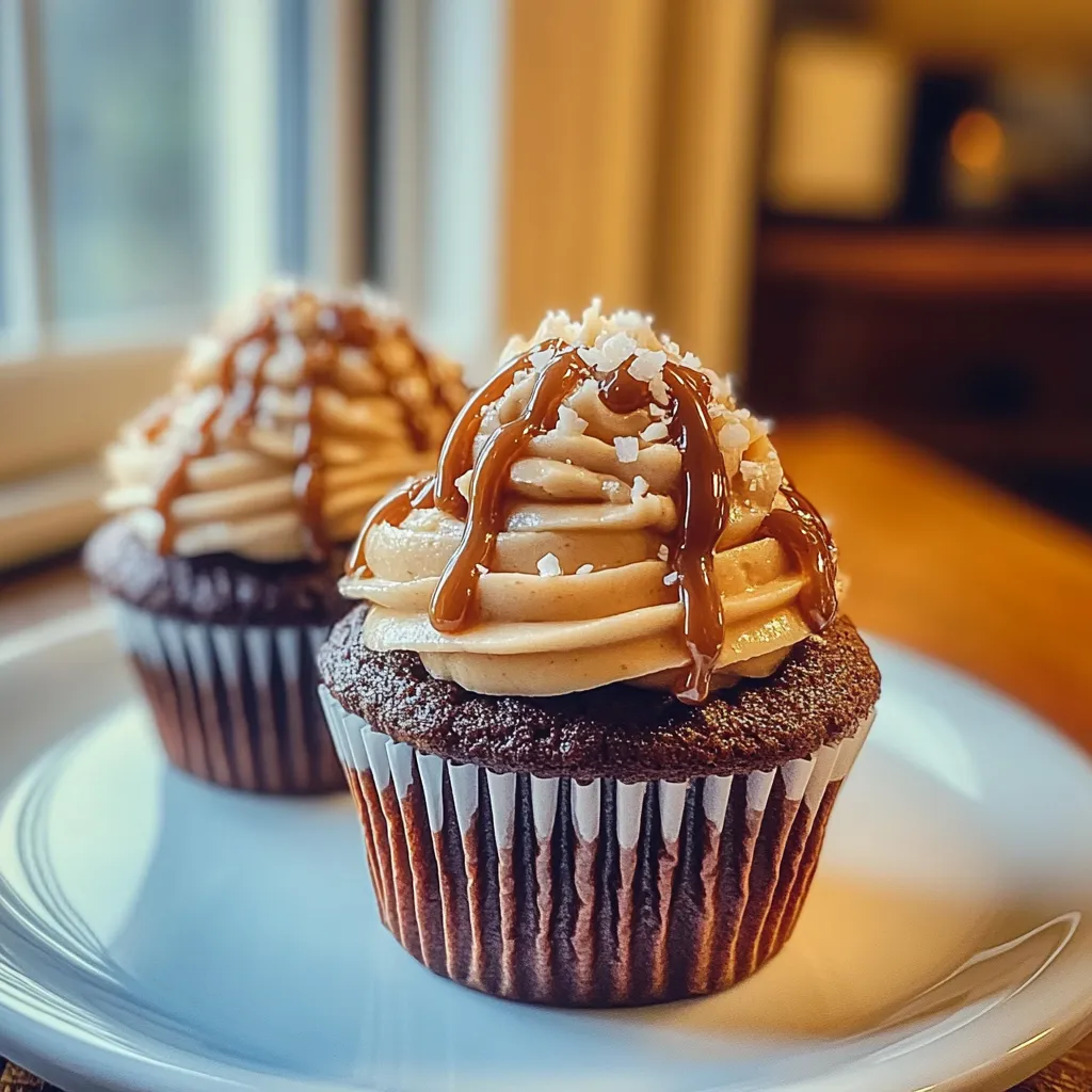 Two cupcakes with caramel frosting.