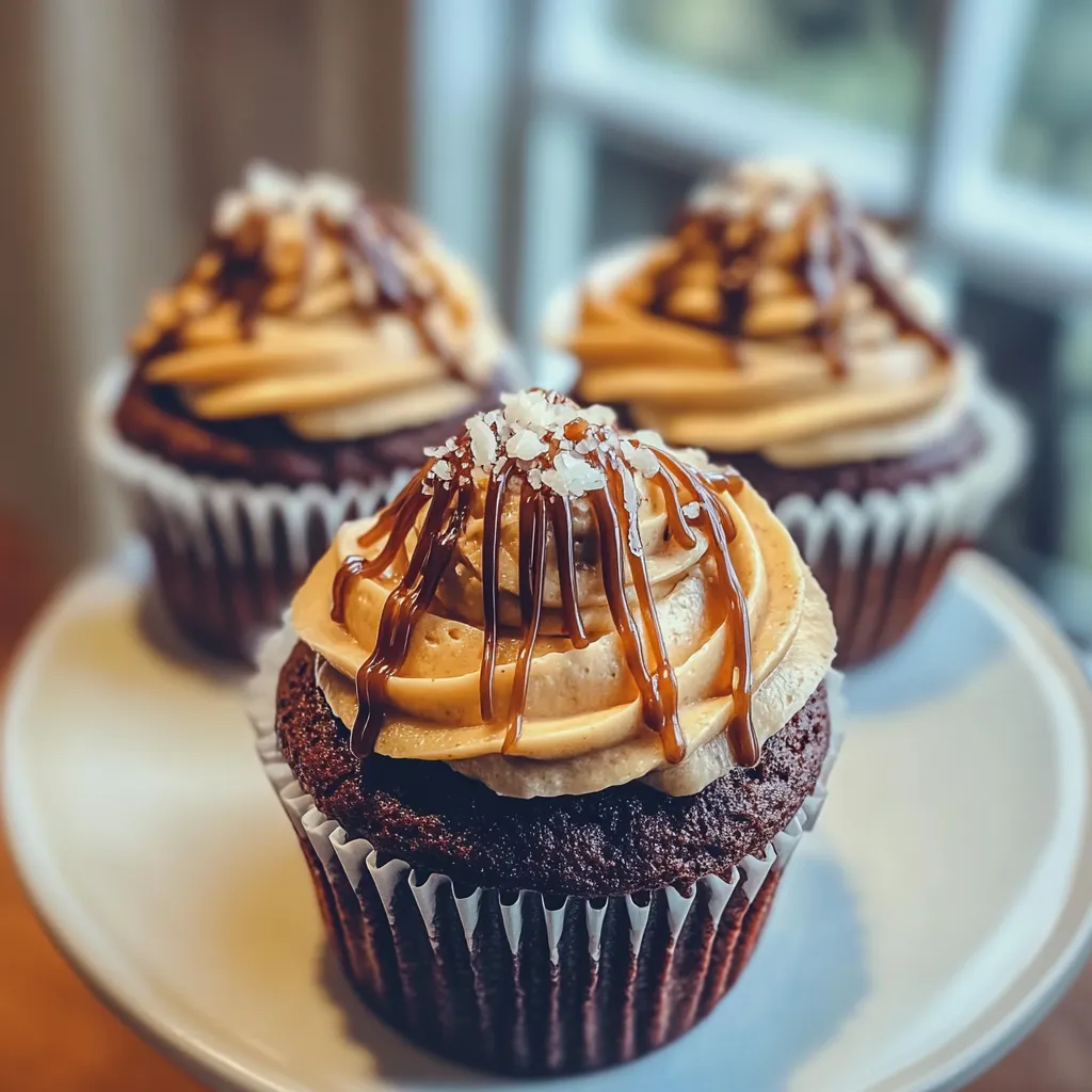 Three cupcakes with caramel frosting and chocolate sprinkles.