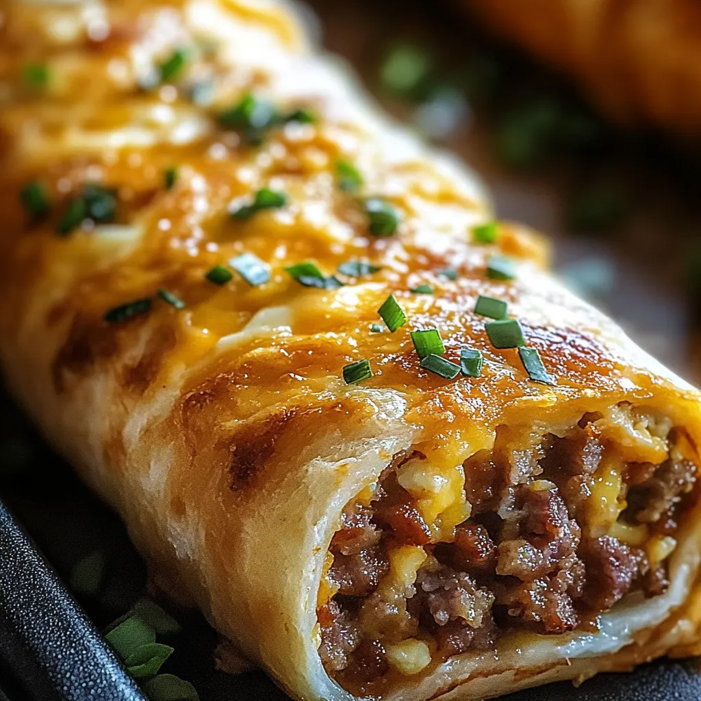 A delicious looking burrito with cheese and meat.