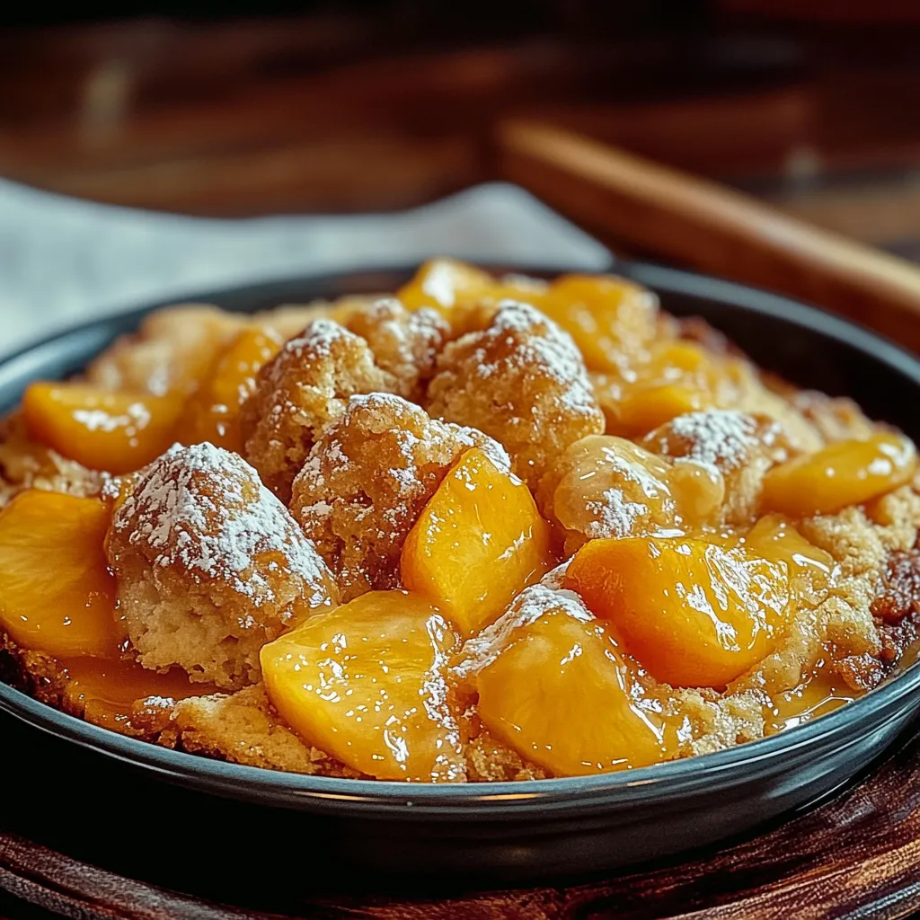 A bowl of peaches with powdered sugar on top.