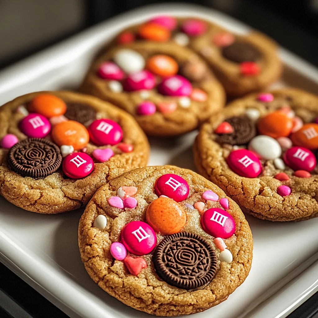 A plate of cookies with M&M's and Oreo's.