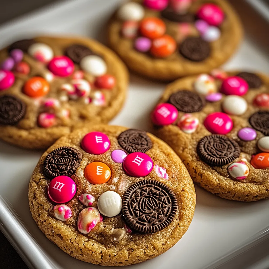 A plate of cookies with Oreo cookies and M&M's.