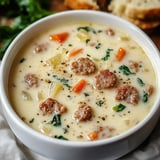 A creamy sausage and vegetable soup served in a white bowl, garnished with black pepper.