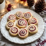 A white plate holds several spiral-shaped raspberry swirl cookies, sprinkled with sugar, set against a cozy background of pine cones and soft lights.