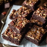 A close-up image of rich chocolate brownies topped with chopped pecans, arranged neatly on a serving tray with parchment paper.