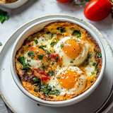 A baked dish featuring three poached eggs nestled in a flavorful mixture of greens and tomatoes, garnished with herbs and spices.