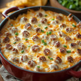 A baked dish featuring golden-brown meatballs topped with melted cheese and garnished with green onions, served in a red casserole dish.