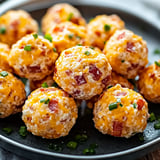 A close-up of golden cheese balls with diced bacon and green chives, arranged on a dark plate.