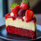 Creamy red velvet strawberry cheesecake with layers of rich flavors and a sweet fruity topping.