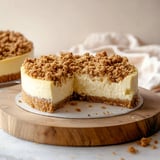 Creamy apple crumble cheesecake with a buttery crust and spiced apple topping.