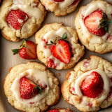 Strawberry cheesecake cookies with a tender texture and a rich, fruity cheesecake filling.