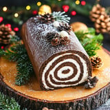 Classic Yule log cake with chocolate frosting and festive decorations, perfect for the holidays.