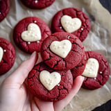 Soft red velvet cookies perfect for Valentine's Day, topped with a creamy frosting or sprinkles.