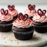 Festive Valentine's cupcakes with creamy frosting and colorful sprinkles or heart decorations.