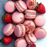 Delicate strawberry macarons with a sweet filling, perfect for Valentine’s Day treats.