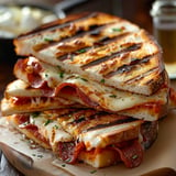 Flavor-packed pizza panini with a crunchy crust and cheesy, saucy filling.