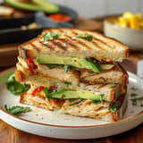 Spicy chipotle chicken avocado melt with gooey cheese on toasted bread.