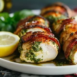 Juicy pesto chicken wrapped in crispy bacon for a flavorful, savory dish.