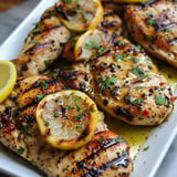 Juicy grilled lemon pepper chicken with a zesty, smoky flavor.