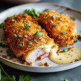 Crispy chicken cordon bleu stuffed with ham and melted cheese.