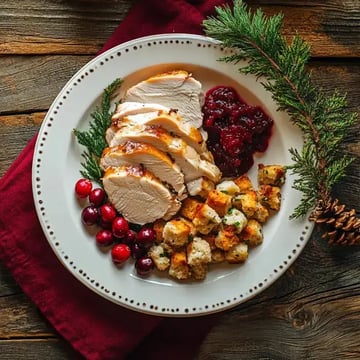 A plate of sliced turkey breast with cranberry sauce, stuffing cubes, and fresh cranberries, accented with green pine sprigs.