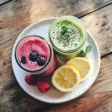 Two jars of smoothies, one pink with blackberries and one green with mint on a plate, accompanied by lemon slices and fresh raspberries, are arranged on a wooden surface.