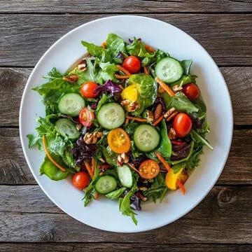 A colorful mixed salad with greens, cherry tomatoes, cucumber slices, shredded carrots, and nuts presented on a white plate.