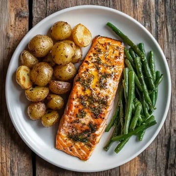 A plate featuring a cooked salmon fillet, roasted baby potatoes, and green beans, set against a rustic wooden background.