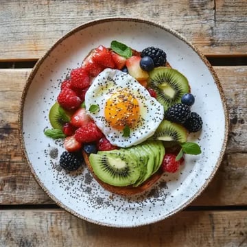 A beautifully arranged plate featuring a sunny-side-up egg on toast, surrounded by a variety of fresh fruits including kiwi, strawberries, blackberries, and blueberries, garnished with mint leaves.