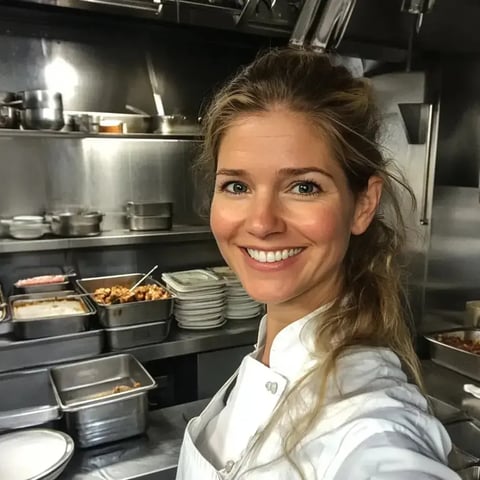 A smiling woman in a chef's jacket stands in a commercial kitchen, looking at the camera with various food containers and utensils in the background.