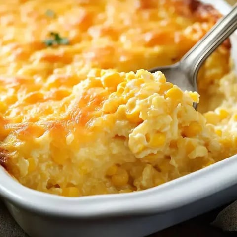 A close-up of a creamy corn casserole topped with a golden, melted cheese crust, with a spoon serving a portion.