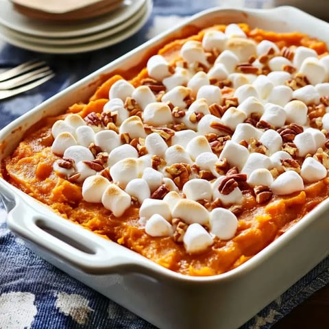 A casserole dish filled with sweet potato topping covered in mini marshmallows and chopped pecans.