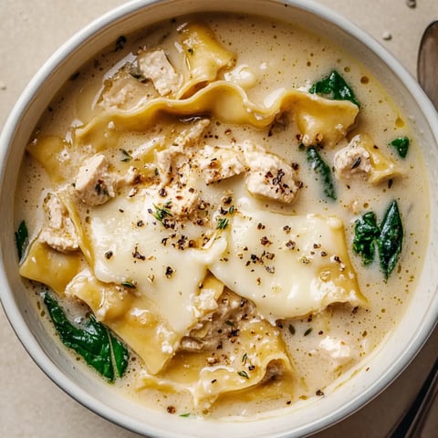 A creamy chicken and spinach soup with lasagna noodles and sprinkled black pepper is served in a white bowl.