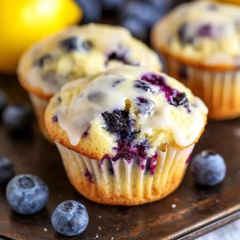 Three freshly baked blueberry muffins with a drizzle of glaze, surrounded by fresh blueberries and a lemon in the background.